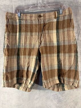 LINCS David Chu Plaid Linen Shorts Mens Size 36 Brown Casual Summer